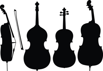 Silhouette set of classical string instruments including violin viola cello and double bass isolated on white background, orchestra music concept illustration