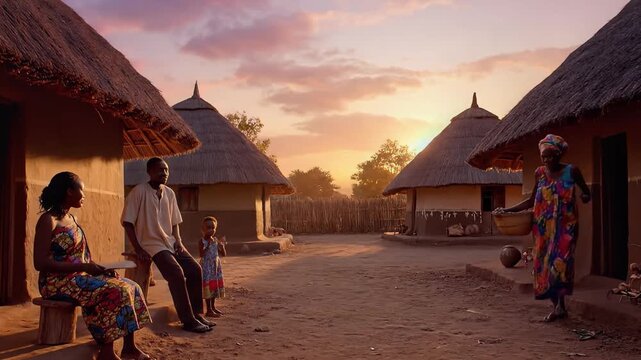 African Village Family Daily Life at Sunset Traditional Huts
