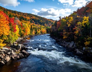 A vibrant river winds its way through a colorful forest during autumn, with foliage in red, orange, and yellow hues