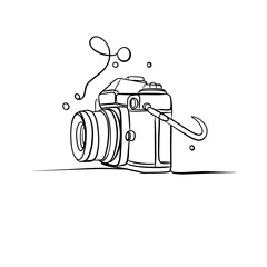 Abstract hand drawn camera with dynamic flowing lines, modern black line illustration on white background, creative art and motion concept.