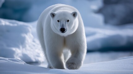 Close-up wildlife photography of a polar bear walking on Arctic ice in Greenland
