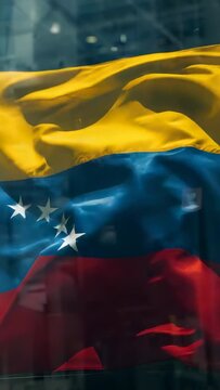 Vertical video: Billowing Venezuela flag revealing stars behind glass in lobby from vents, frame