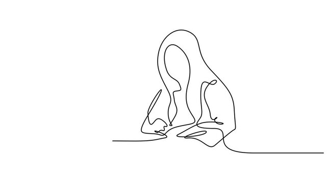 Self drawing of continuous one line drawing, business-worker works on Laptop office desk, Business person working on monitor screen. 4k video