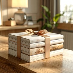 Stack of books tied with a ribbon on a wooden table. Background scene is blurred