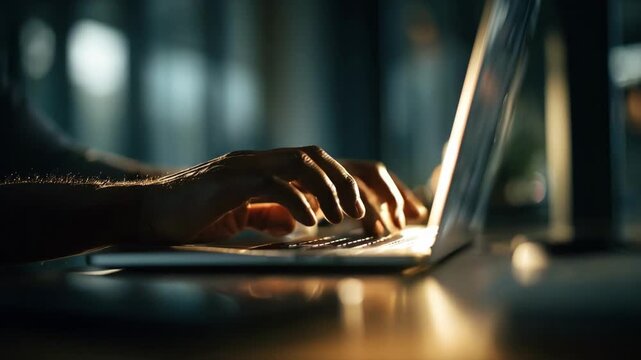 Medium shot of a professional using a federated search system on a laptop seamlessly aggregating data from various online databases.