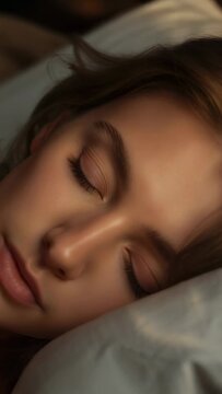 Vertical video: Holding close, camera reframing while adult female sleeping on pillow in bedroom