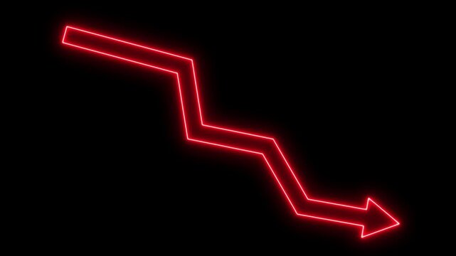 Abstract glowing neon downward graph with arrow indicating decline, loss, and negative trends on a dark background.
