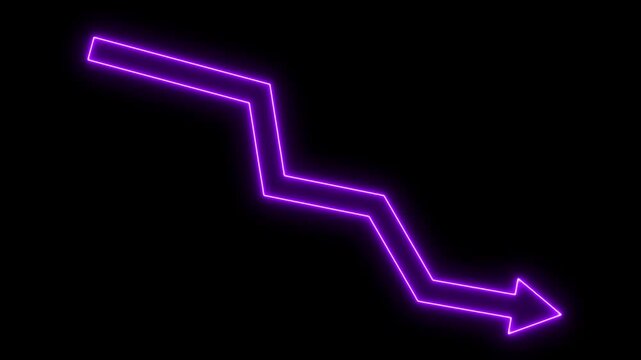 Abstract glowing neon downward graph with arrow indicating decline, loss, and negative trends on a dark background.