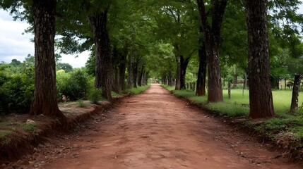 A long red dirt path lined by tall trees forms a natural avenue in a serene countryside landscape