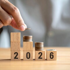 Hand adding coin to stacked coins on wooden blocks spelling 2026