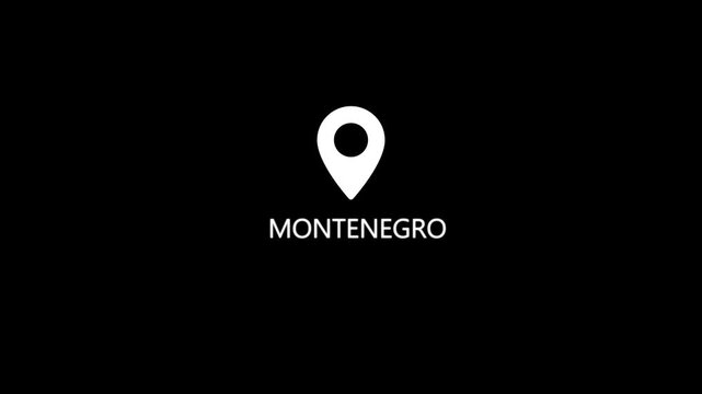 A white map pin is centered on a black background with the word MONTENEGRO in white text below it, representing a geographical location, travel