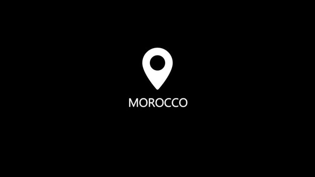 A white map pin is centrally positioned on a black background with the word MOROCO in white text below, signifying a geographical location, travel