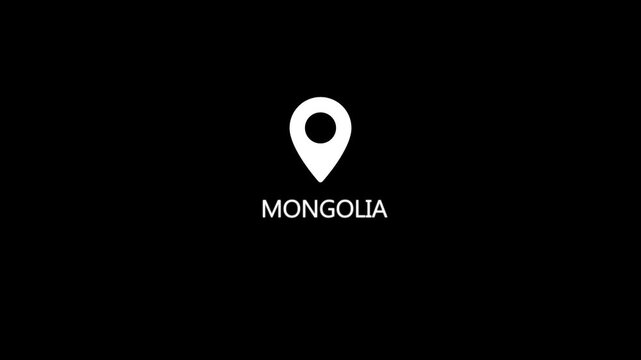 A simple white map pin is centrally placed on a black background with the word MONGOLIA in white text underneath, symbolizing a geographical