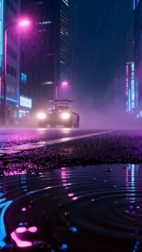 Vertical video: Rising craft over neon street at night, casting puddle glow in fog, lights nearing