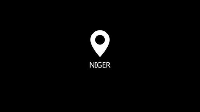 White location pin centered above the text NIGER in white capital letters on a solid black background indicating a geographical marker Keywords