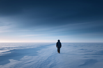 Inuit hunter walking alone across frozen landscape, vast empty space, survival and resilience concept