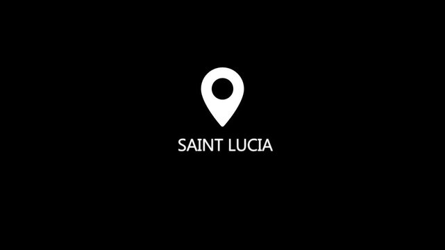 A clean featuring a white location pin and the text SAINTLUCIA in white sans-serif letters against a plain black background, indicating a