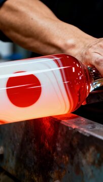 Vertical video: Rolling arm-tee gripping rod shaping molten glass on bench, evening swirl from glow
