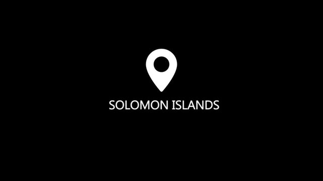 A minimalist white location pin is centered above the text SOLOMONISLANDS in white sans-serif font against a stark black background