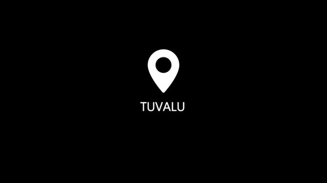 Centered white location pin on a black background with the word TUVALU in white text directly beneath the pin symbol. Keywords: location pin, map