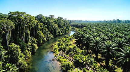 High angle shot of a tropical river as a buffer zone between lush rainforest and agricultural plantation for biodiversity.