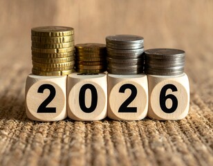 Stacks of coins on dice spelling 2026, financial concept on burlap