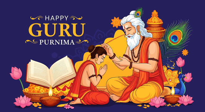 Elegant illustration honoring Guru Purnima, showcasing a wise spiritual teacher blessing a devoted disciple, embodying profound wisdom, respect, and the sacred bond of mentorship