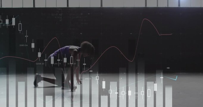 Woman pushing off from crouch, rising into stride while bar charts and trends animating sports data