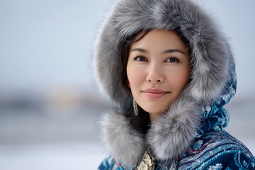 Inuit woman wearing ceremonial traditional clothing outdoors, calm expression, cultural identity, neutral arctic background