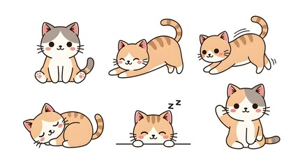 Fototapeta premium Isolated cat clipart set with six cartoon cats in various poses on a white background.