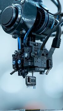 Vertical video: Lowering robotic head on command at lab, placing module onto gold PCB contacts