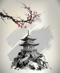 Chinese ink painting of pavilion and flower © baoyan