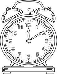 Obraz premium Retro alarm clock with twin bells coloring page for kids, line art vector illustration of vintage timepiece for learning time