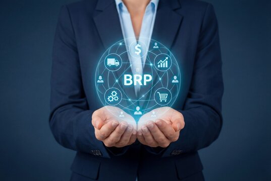 Businesswoman holding virtual BRP text and resource planning icons on digital interface