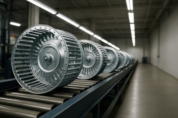 Metal blower wheels aligned on a factory conveyor showcasing balanced airflow design and precision industrial fabrication