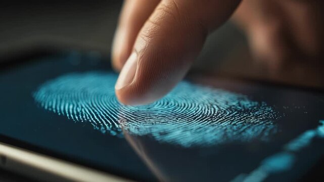 Medium shot of a person using a fingerprint scanner on a device to enable biometric verification during an online transaction.