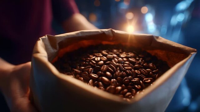 A Close-up of an Open Bag Filled with Freshly Roasted Coffee Beans Capturing the Rich Aroma and Texture Against a Softly Lit Background