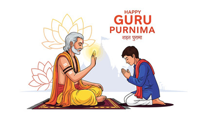 Vector art illustrating a devoted student respectfully bowing to his wise spiritual teacher during Guru Purnima, celebrating the timeless tradition of knowledge, guidance, and gratitude