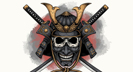 Menacing Samurai Skull Illustration with Traditional Warrior Helmet and Crossed Katanas, Embodying Ancient Japanese Bushido Spirit and Dynamic Martial Legacy