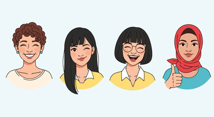 Cheerful illustrations of diverse young women, featuring various hairstyles, expressions, and cultural representations, promoting happiness, inclusivity, and global connection