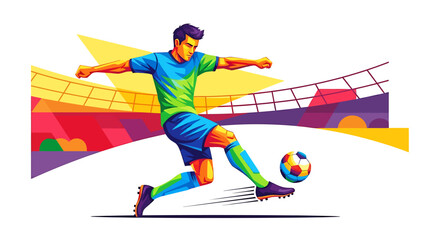 Dynamic illustration of a male athlete in action, kicking a soccer ball with intensity on a vibrant stadium background
