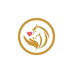 Fototapeta premium A golden circle frames a hand cradling a stylized white horse's head, with a pink heart, symbolizing care