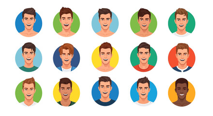 A diverse set of smiling male avatar portraits, featuring various hairstyles, skin tones, and pleasant expressions for user profiles and online representation