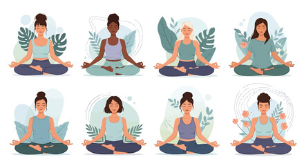 Diverse group of women practicing various yoga and meditation poses in a serene and balanced setting, promoting wellness, mindfulness, and healthy living through inner peace and collective harmony