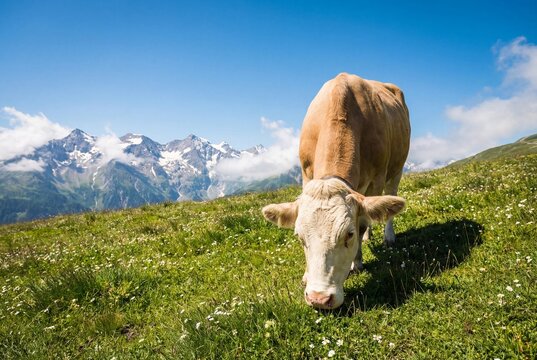 Brown cow grazing on green pasture high in austrian alps with snowy mountains under blue sky