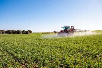 Fototapeta premium Red farm tractor spraying pesticide on green wheat field under sunny blue sky in spring