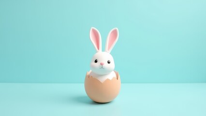 Obraz premium cute easter rabbit white bunny coming out of opened egg on light blue background with copy space