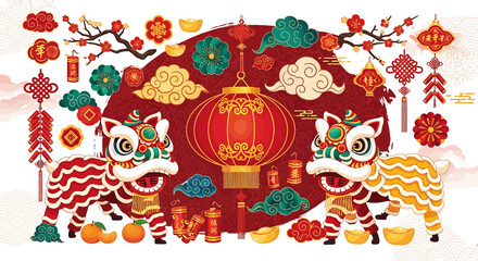 Vibrant illustration celebrating Lunar New Year with energetic lion dancers, traditional red lanterns, blooming cherry blossoms, and auspicious symbols of prosperity