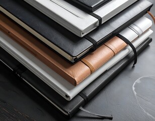Stack of leather-bound notebooks with elastic closures, varying colors