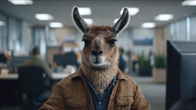A llama in a brown jacket standing in a modern office environment with coworkers in the background